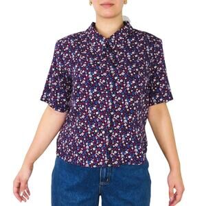 1980s Vintage Cottage Core Purple Floral Button Down Blouse Large Short Sleeve